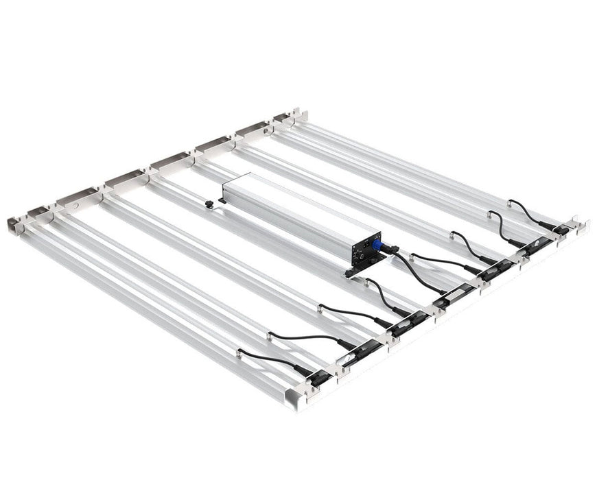 Angled rear view of the Tarantula LED light, highlighting the heatsink, power driver, and cable management.