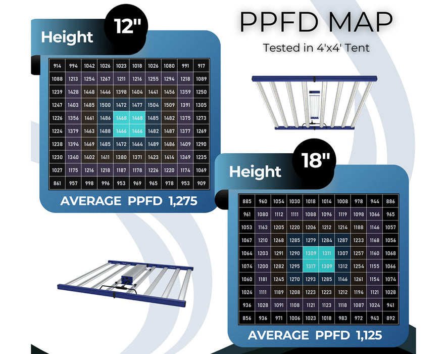 PPFD map of Grand Master LEDs Tarantula Torch 730 with height measurements and average PPFD values for 12" and 18" heights in a 4x4 tent.