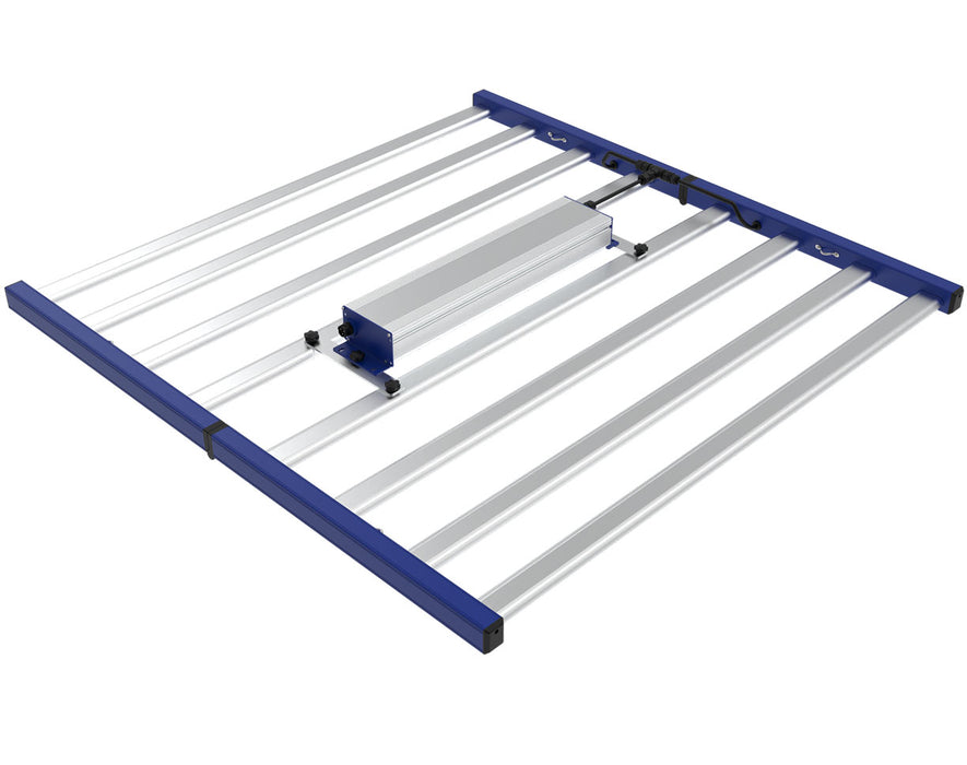 Angled view of Grand Master LEDs Tarantula Voyager Dual Channel LED grow light showing full-bar design and central driver.