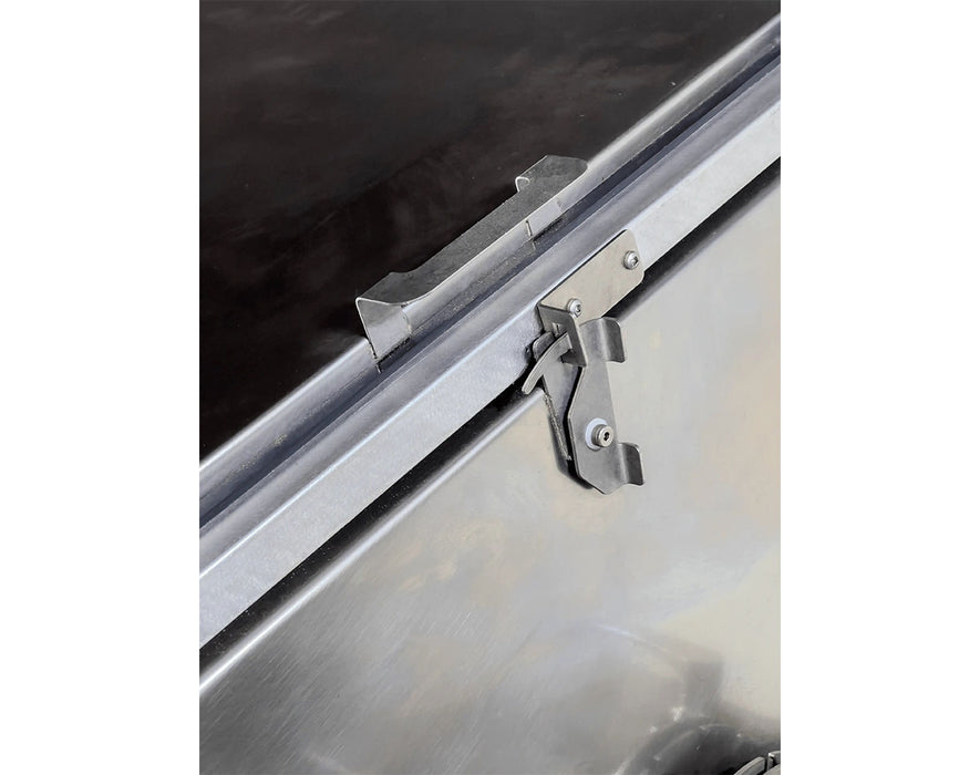 Detailed shot of the locking hinge mechanism on the Alchemist 420 trichome extractor frame.