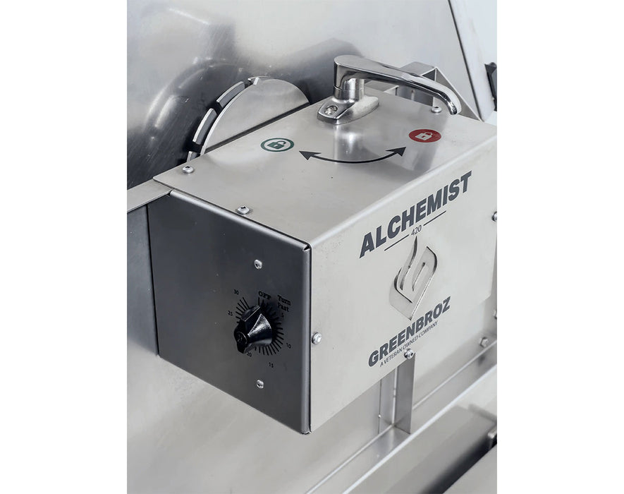 Alchemist 420 lid viewed head-on, highlighting the full metal construction and industrial finish.