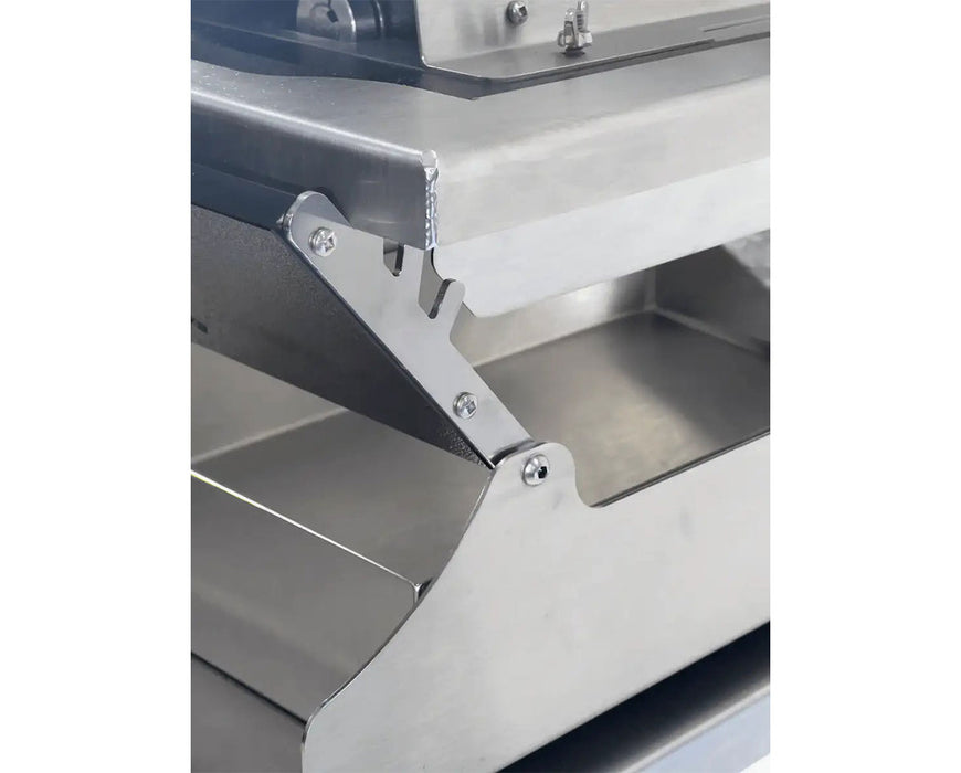 Angled view of the GreenBroz G-Lite grinder and destemmer with precision grinder tilt control.