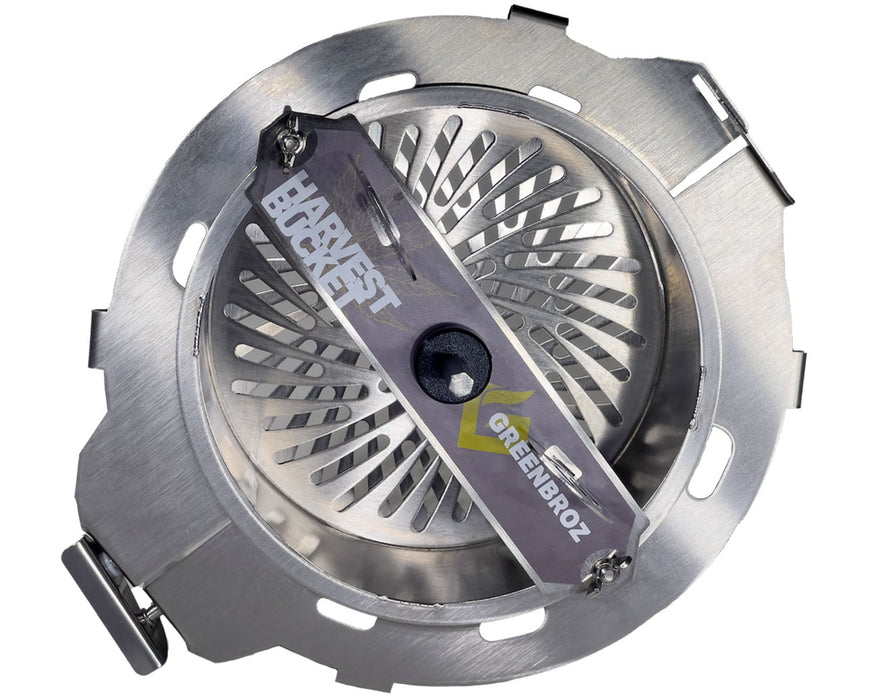 Top view of GreenBroz Harvest Bucket Trimmer showing the cutting blade and stainless steel trimming bowl.
