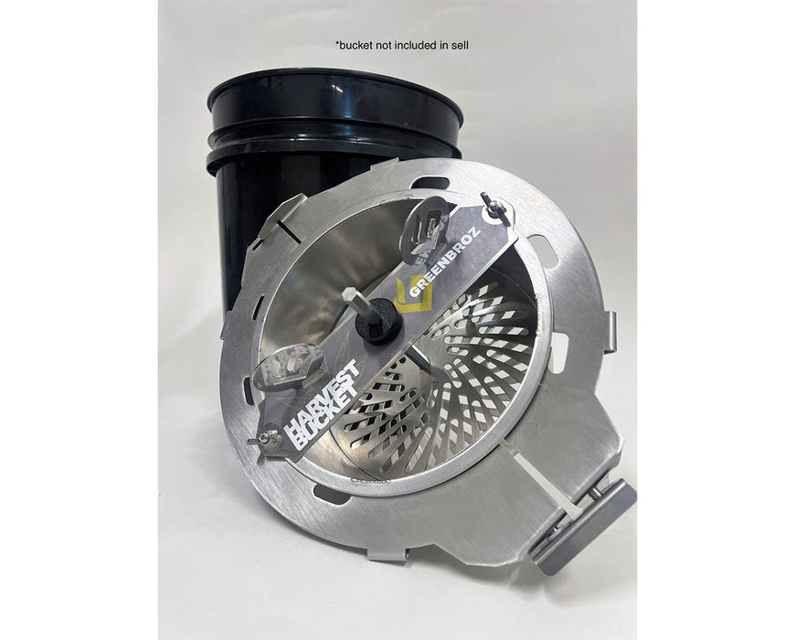 GreenBroz Harvest Bucket Trimmer placed beside a black bucket; bucket not included in the sale.