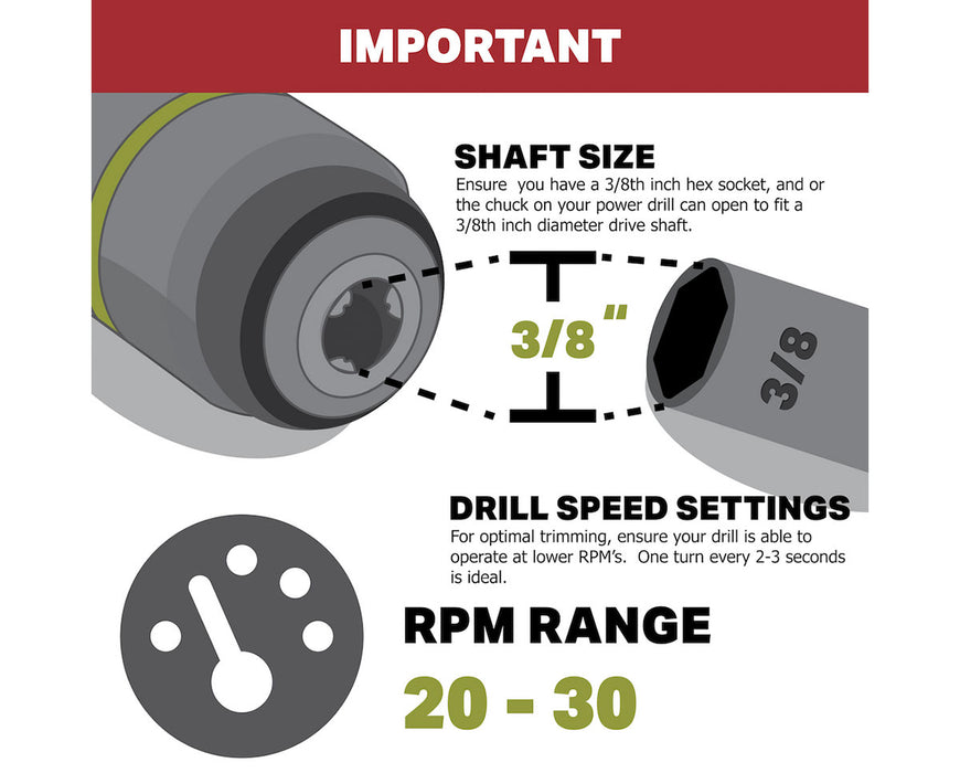 Drill compatibility and speed guide for the GreenBroz Harvest Bucket Trimmer with 3/8" shaft size and 20–30 RPM range.