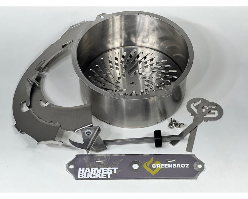 Disassembled GreenBroz Harvest Bucket Trimmer kit showing the blade, trim bowl, mounting ring, and accessories.