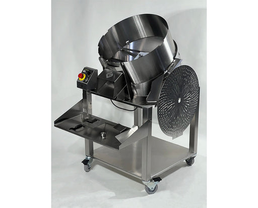 Side angle of GreenBroz M1 Dry Bud Trimmer showing removable blade disc, control panel, and integrated shelf on stainless frame.