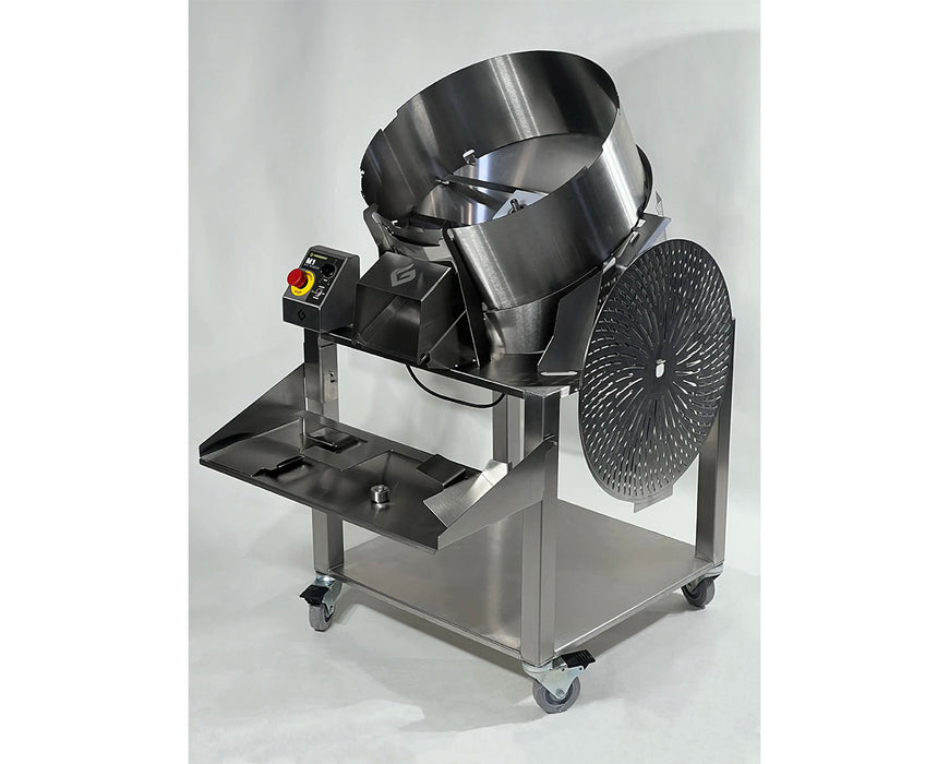 Side angle of GreenBroz M1 Dry Bud Trimmer showing removable blade disc, control panel, and integrated shelf on stainless frame.