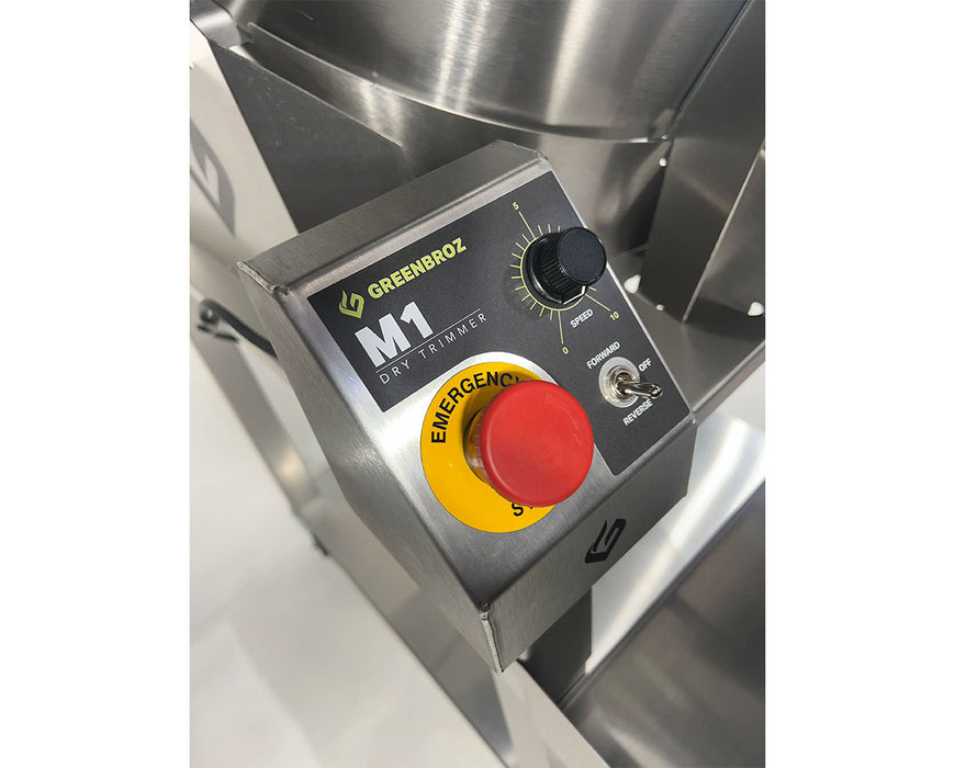 GreenBroz M1 control panel featuring speed dial, forward/reverse switch, and large emergency stop button.