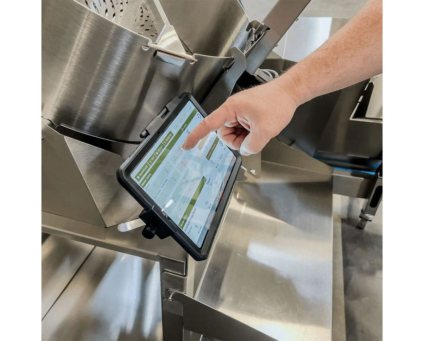 Persons finger touching the control screen of the GreenBroz M1 Plus GBZ Control Cannabis Processing System Trimmer  