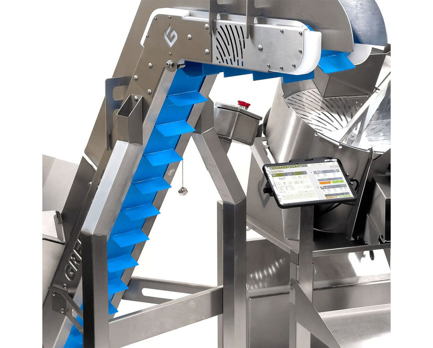 Close up photo showing the conveyor belt, of the GreenBroz M1 Plus GBZ Control Cannabis Processing System Trimmer