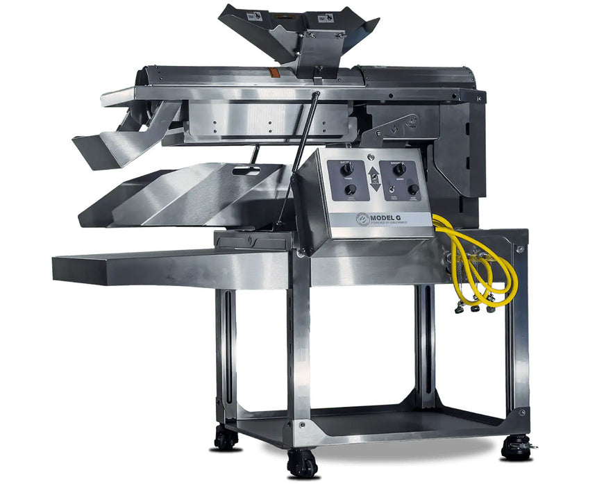 GreenBroz Model G Commercial Grinder and Destemmer with stainless steel body, control panel, and infeed hopper.