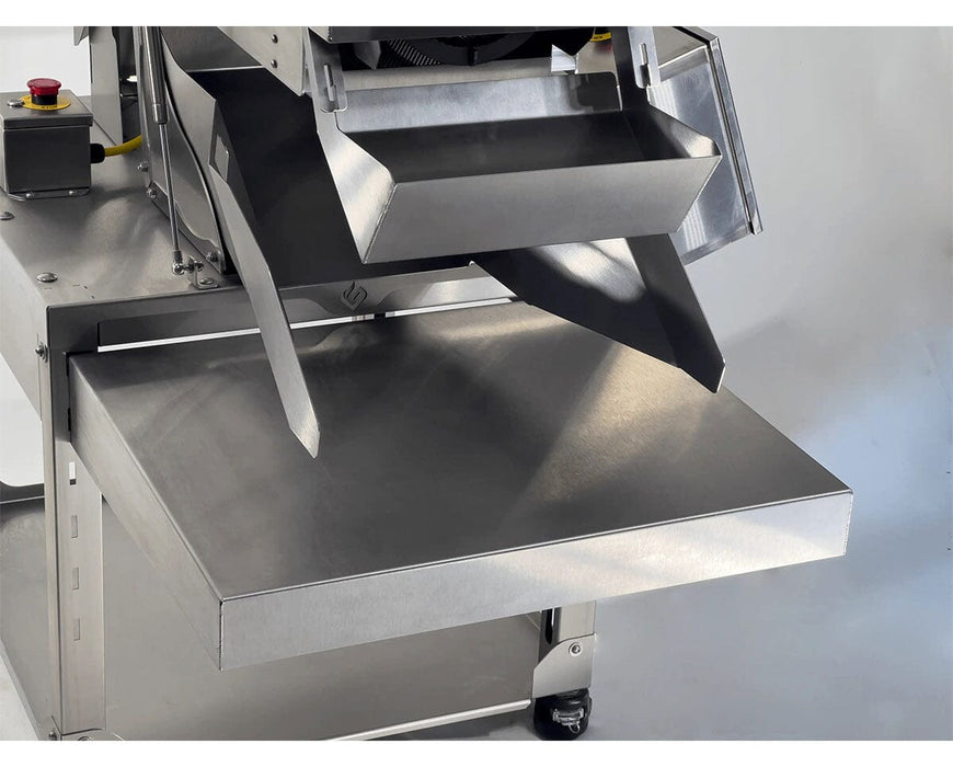 Close up image of the Model G Precision Batch Grinder showing the adjustable shelf and sift operator.