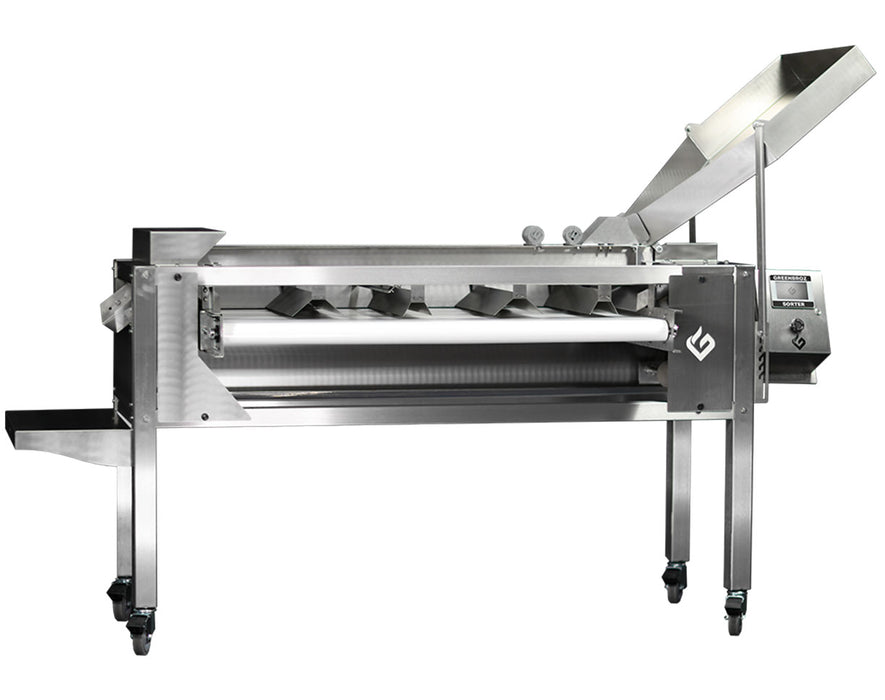 GreenBroz Precision Bud Sorter front view showing conveyor belt and sorting compartments on stainless steel frame.