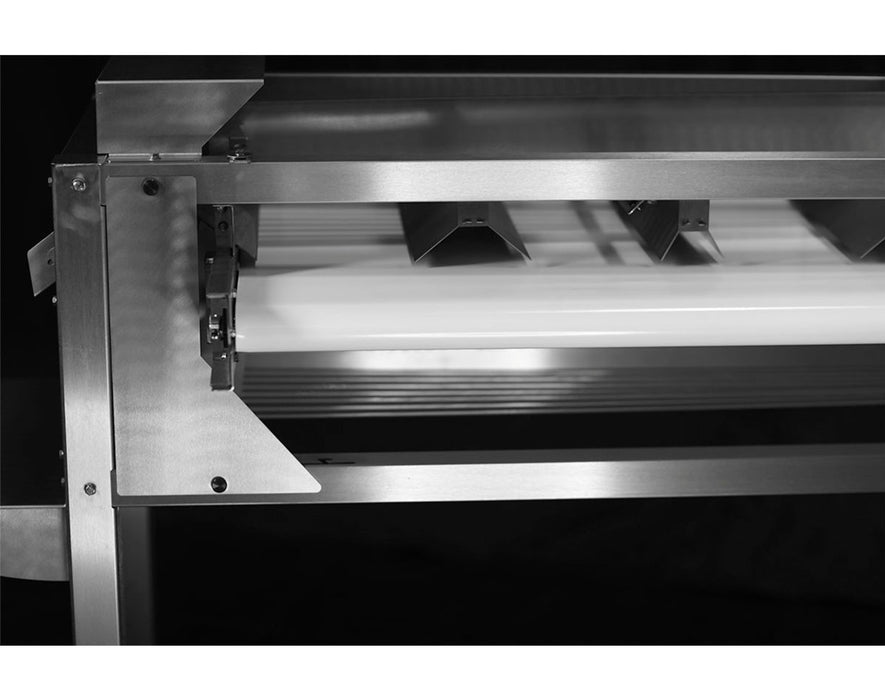 Side close-up view of GreenBroz Precision Bud Sorter conveyor belt and stainless steel frame with logo.