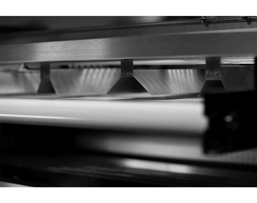 Focused view of side roller assembly and conveyor belt on the GreenBroz Precision Bud Sorter.