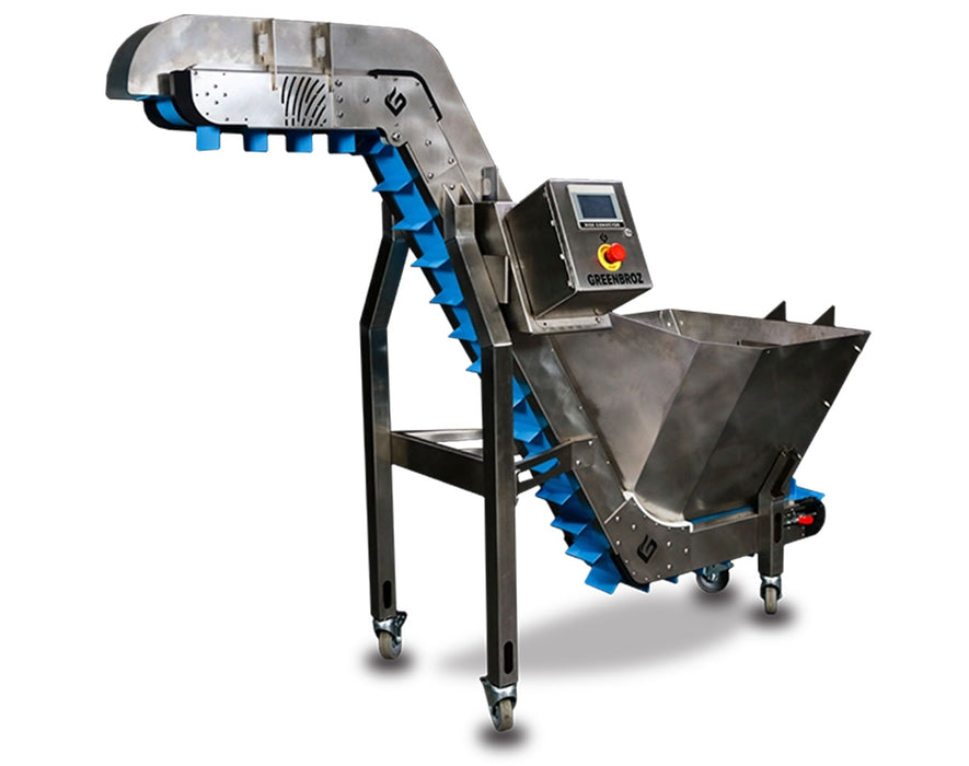 GreenBroz Rise Conveyor system showing complete unit with stainless frame and blue belt.