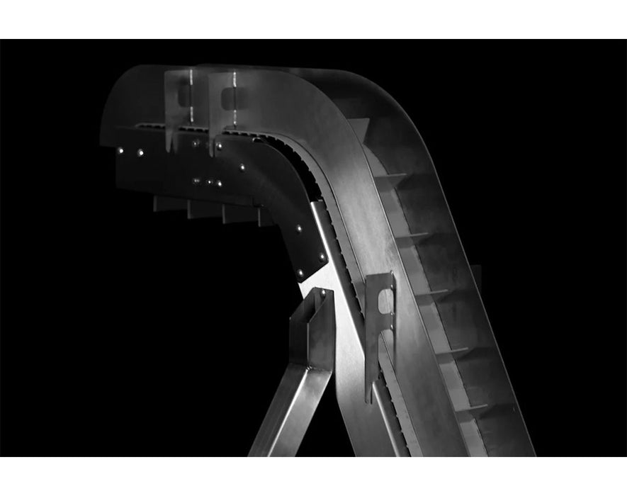 Close-up of GreenBroz Rise Conveyor stainless steel hopper for bulk cannabis feed input.