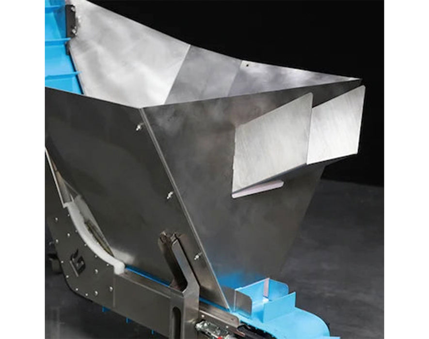 Side angle of GreenBroz Rise Conveyor showing full stainless steel hopper and blue cleated conveyor belt.