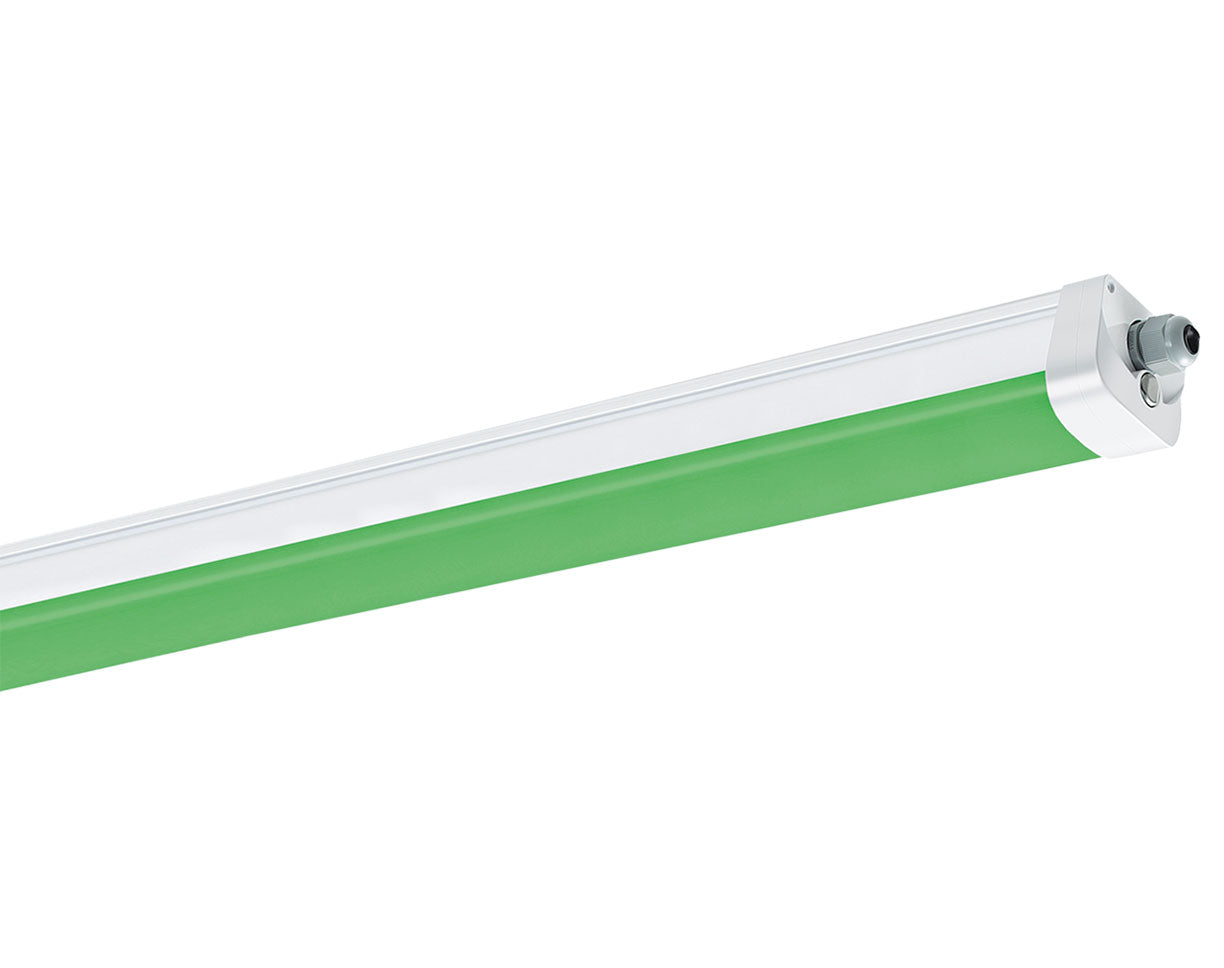 Close-up of the GrowPros 4ft Emergency Green Light showing its sleek, linear design with a green lens and compact end cap.