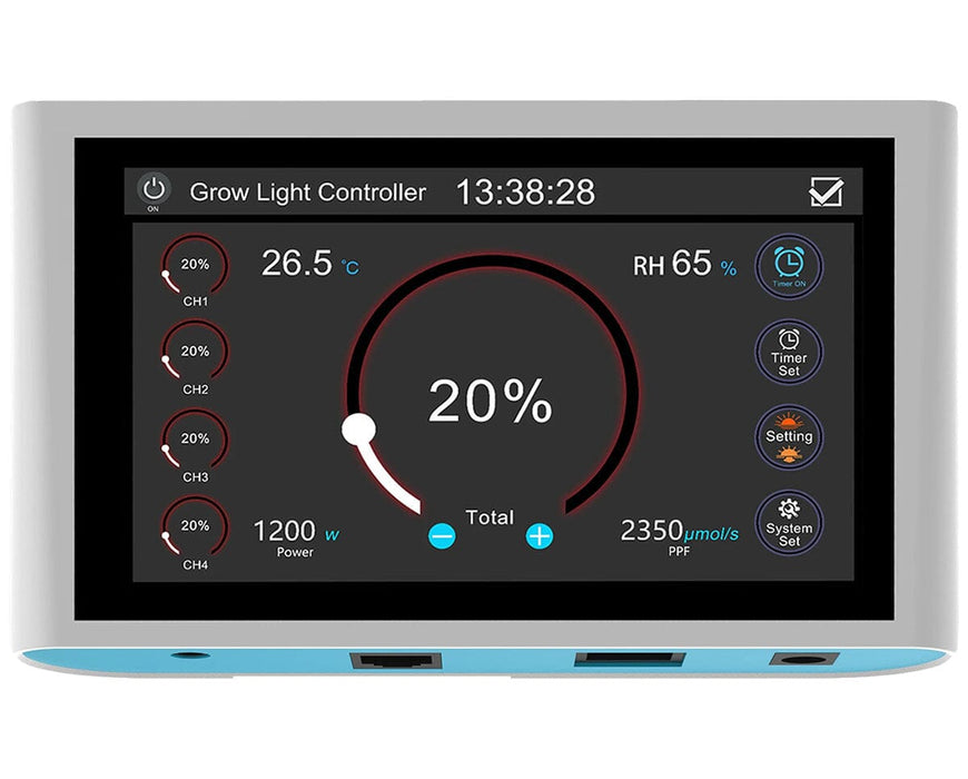 GrowPros grow room light controller with digital touchscreen display showing dimming, temperature, and PPF settings.
