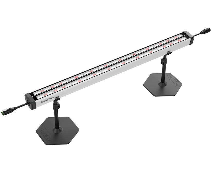 Closeup of the GrowPros Under Canopy LED light Model 4 showing aluminum body, end cap bracket, and power input with daisy-chain cable connection.