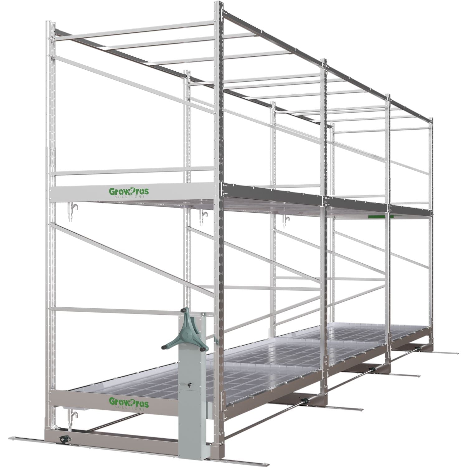 Rear diagonal view highlighting structural cross-bracing and lower tier track rails.