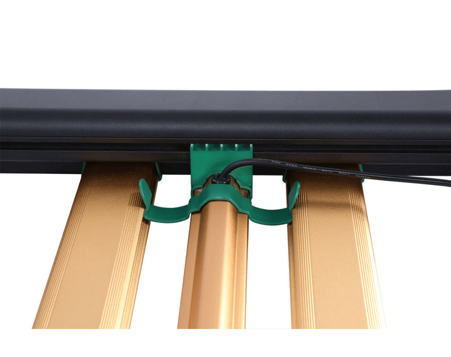 Green power connector attached to Grower's Choice LED grow light frame for UV-R bar installation.