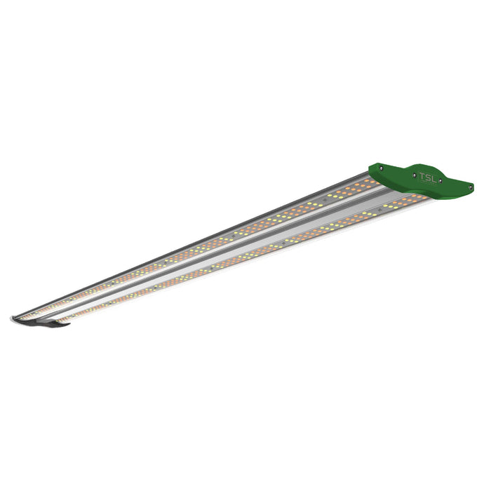 Angled view of TSL Horti Tech LED grow light bar with full-spectrum diodes and green end cap.