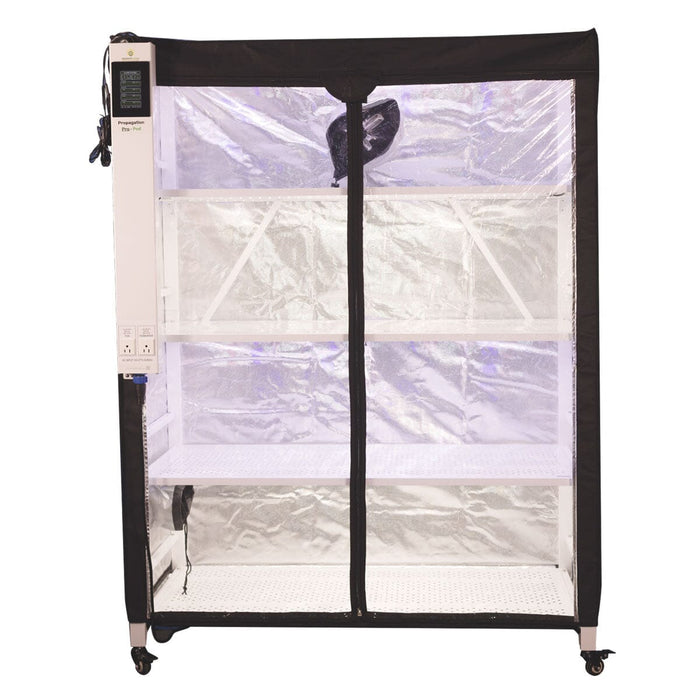 Front view of Grower’s Choice Pro-Pod rack with three lighted propagation tiers inside reflective grow tent.