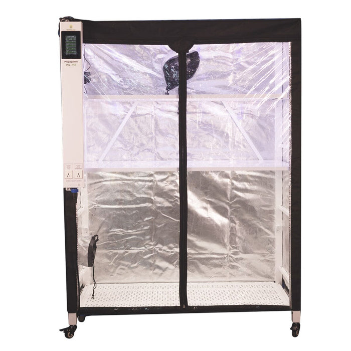 Two-tier configuration of Grower’s Choice Pro-Pod rack with clear zip-up front panel and interior reflective lining.
