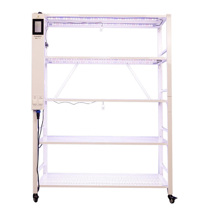 Exposed frame view of Grower’s Choice Pro-Pod propagation rack showing LED lights and three adjustable tiers.