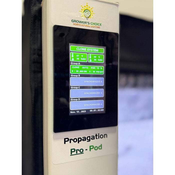 Touchscreen controller interface of the Grower’s Choice Pro-Pod showing real-time cloning system settings.