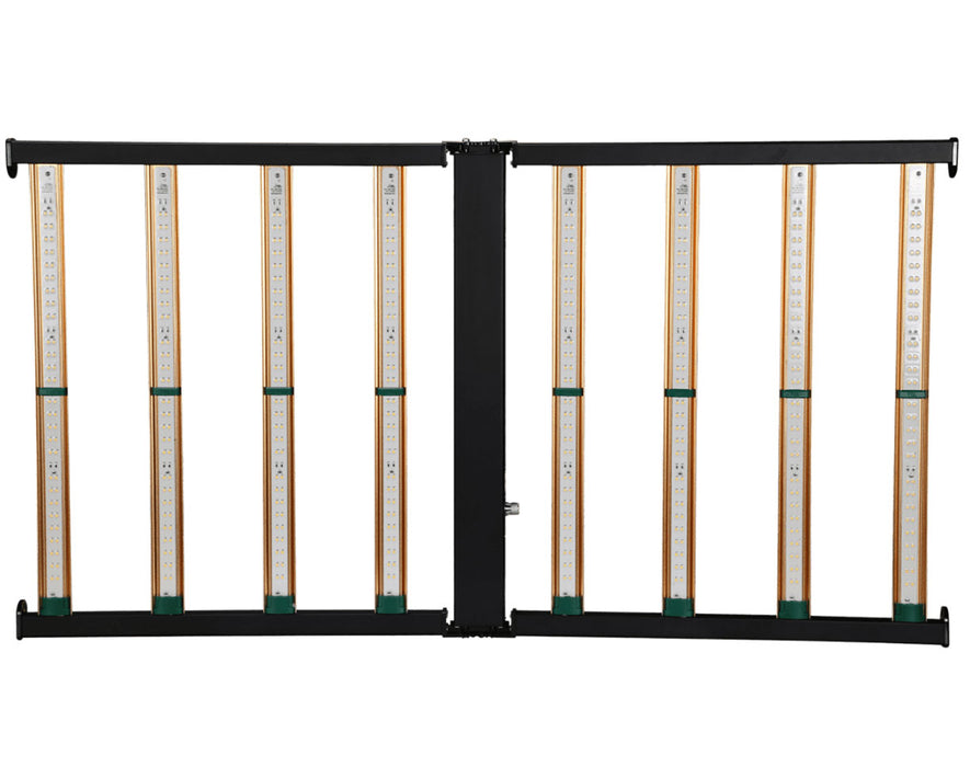 Top view of Grower’s Choice ROI-E200 LED grow light with gold heat sink bars and sturdy black frame design.