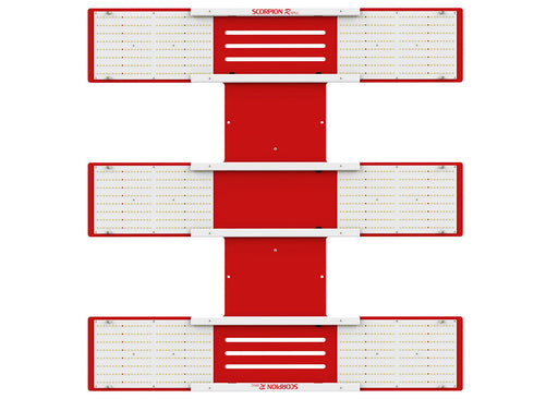 Top-down view of the HLG Scorpion RSpec FR grow light with six Quantum Boards and integrated heat-dissipation panel.