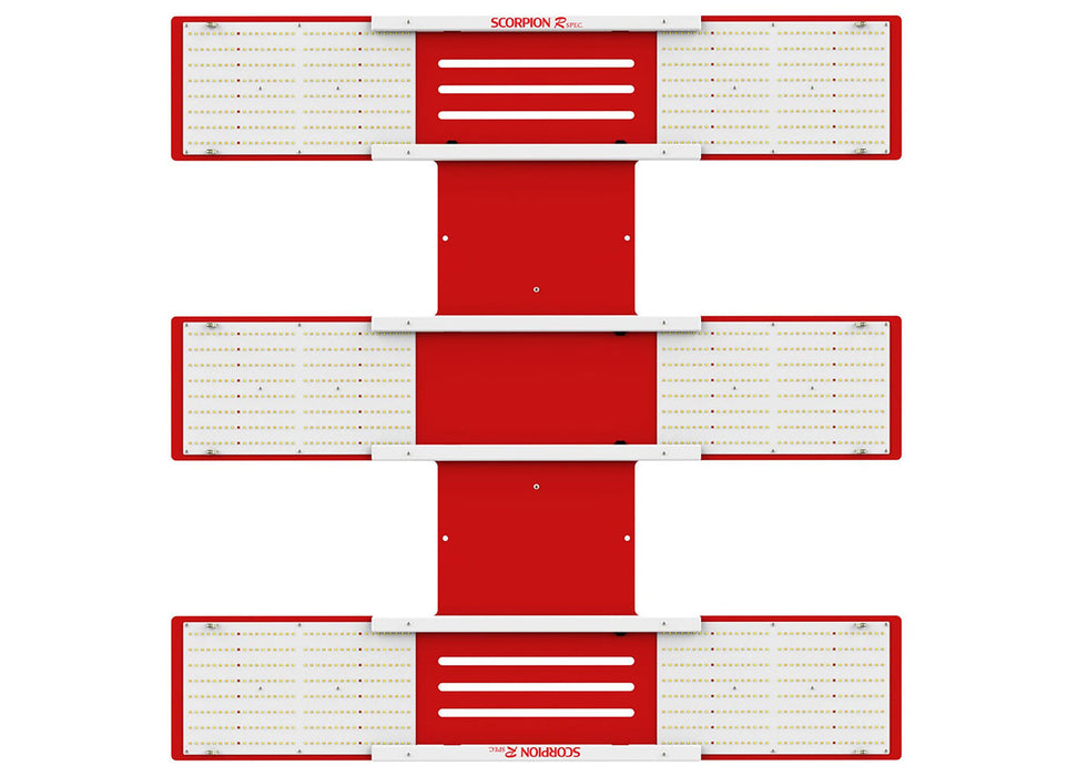 Top-down view of the HLG Scorpion RSpec FR grow light with six Quantum Boards and integrated heat-dissipation panel.