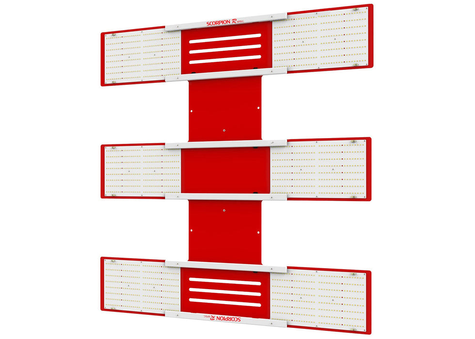 Angled product shot of the HLG Scorpion RSpec Far Red LED light showing its sleek, open-frame design and LED diodes.