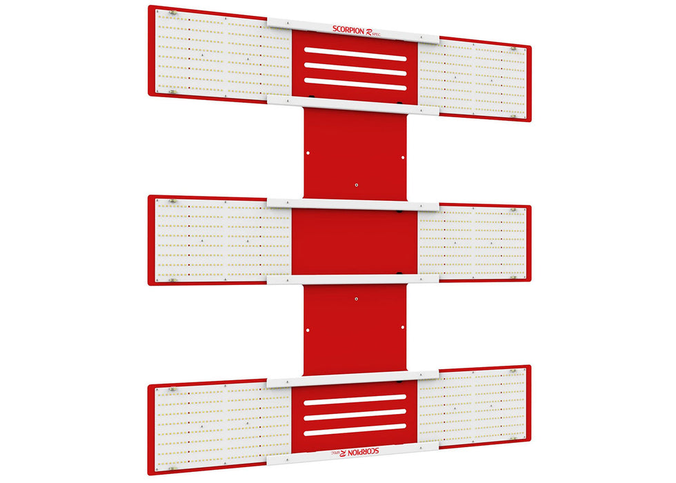 Angled view of the HLG Scorpion RSpec FR LED grow light showing multiple Quantum Boards and ventilation slots.