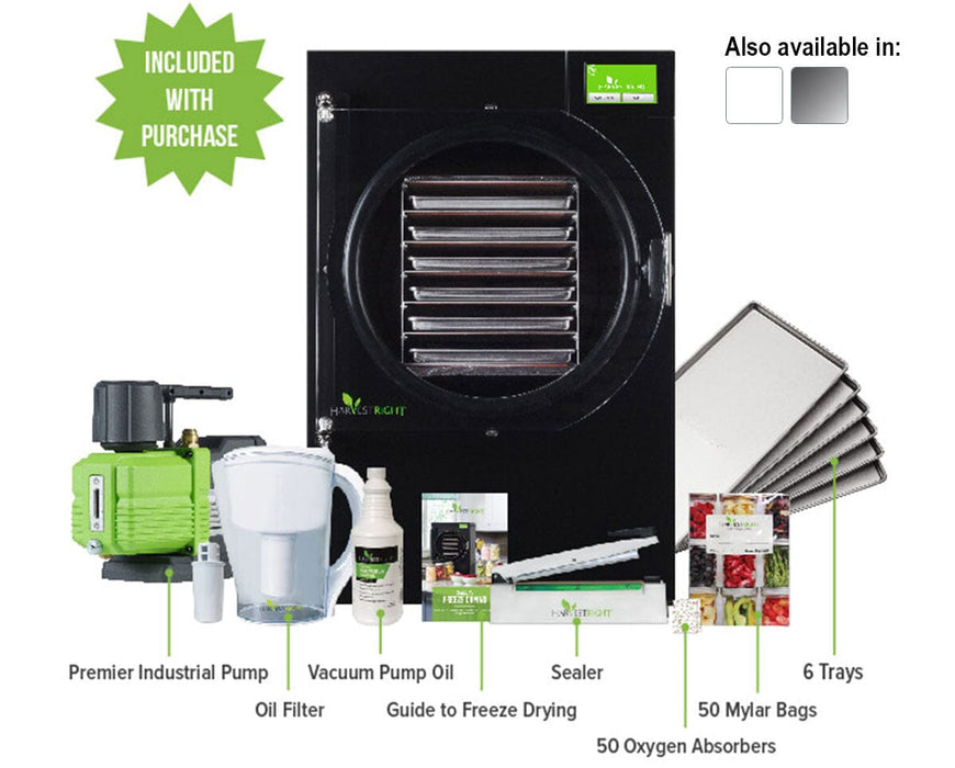 Harvest Right Home Pro Freeze Dryer includes a premier industrial pump, oil filter, vacuum pump oil, freeze drying guide, sealer, 50 oxygen absorbers, 50 mylar bags, and 6 trays.