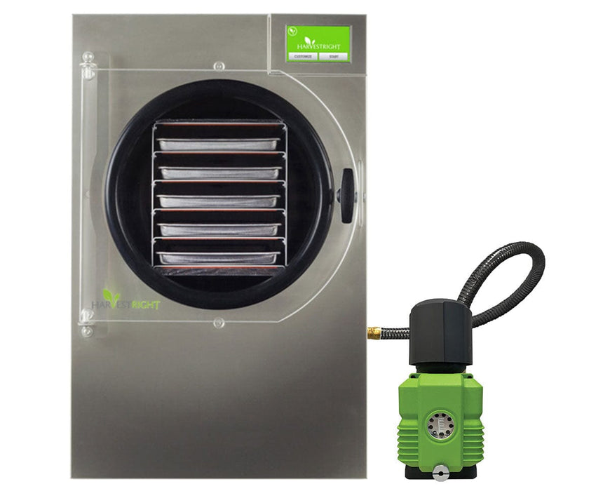 Image of the stainless steel Harvest Home Pro Freeze Dryer in medium size with premier industrial pump.
