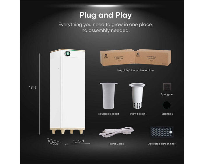 Hey abby 420 SE fully automated grow system with dimensions, reusable seedkit, carbon filter, power cable, and hydroponic fertilizer kit.