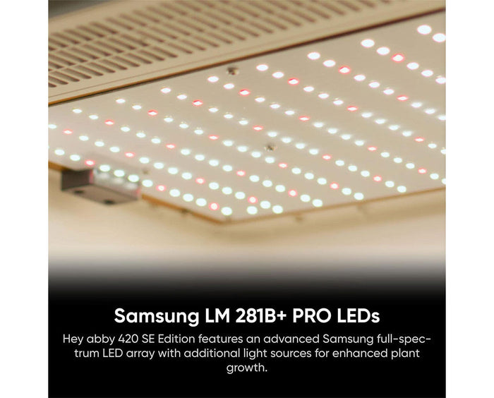 Close-up of Samsung LM281B+ PRO full-spectrum LEDs used in the 420 SE grow box for optimized indoor cannabis growth performance.