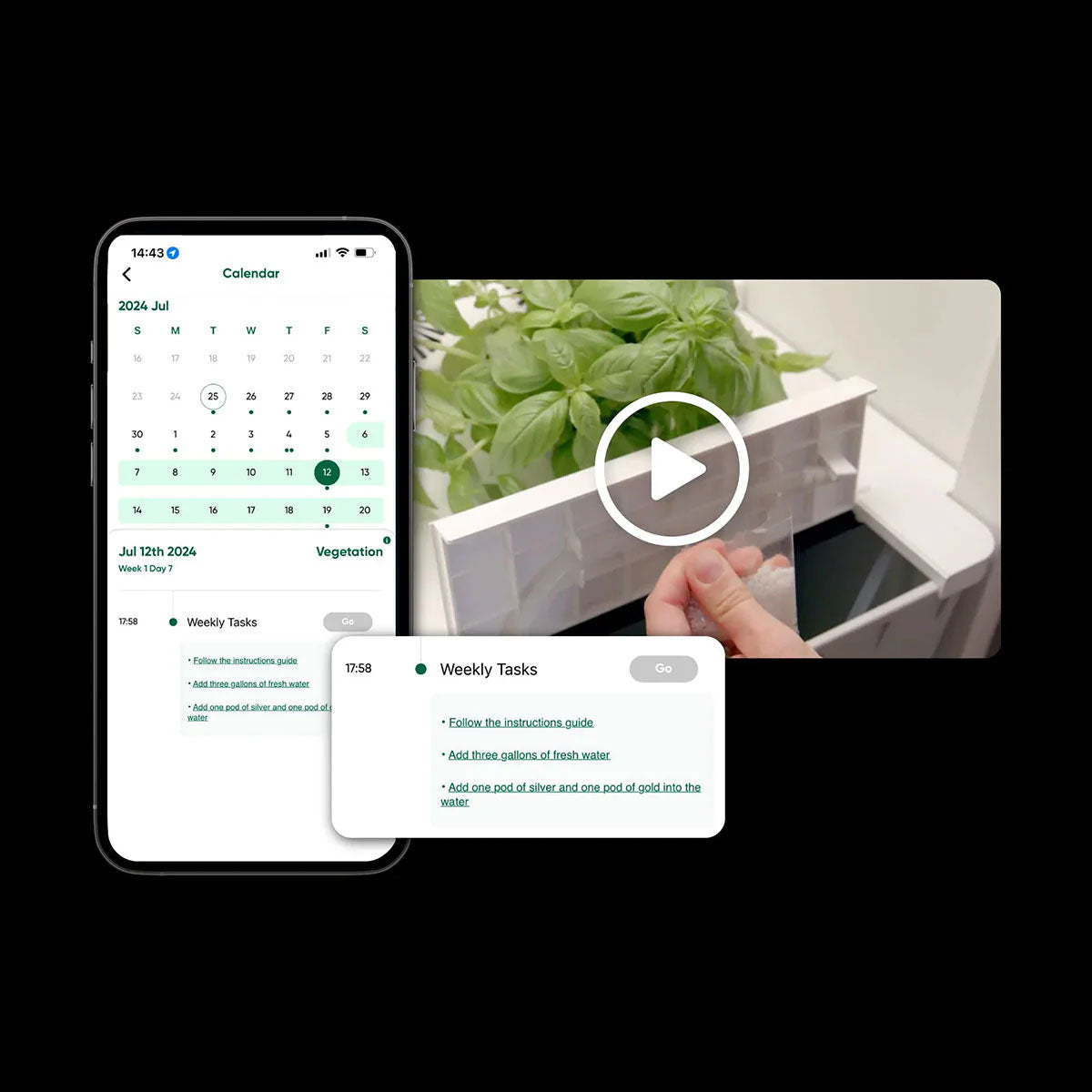 Smartphone displaying a calendar app with a video playing on a screen, showing a hand holding a smartphone.