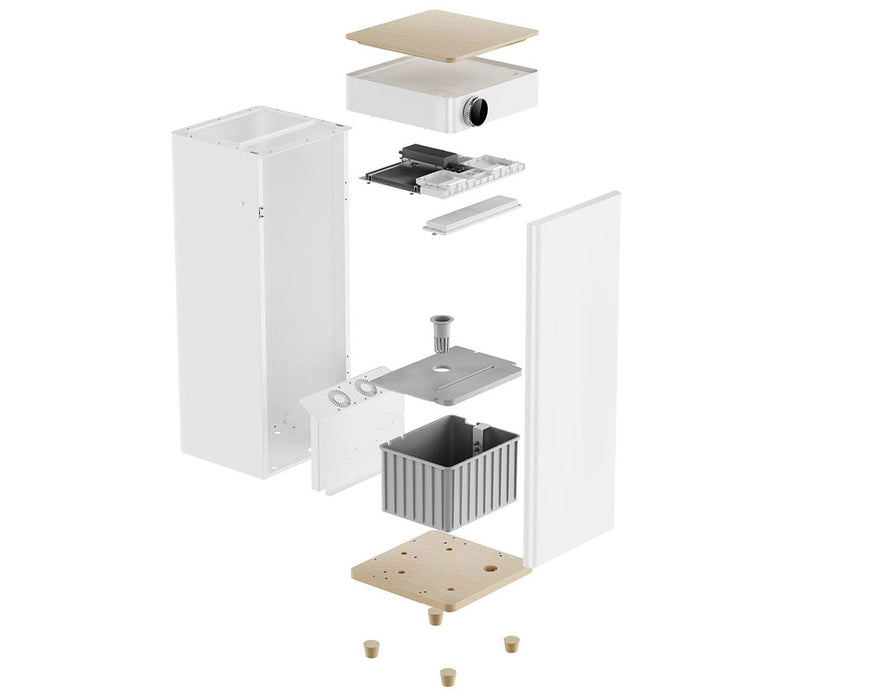 Exploded view of Hey abby 420 Pro Edition smart grow box showing internal hydroponic system components, smart airflow fans, LED light board, and nutrient reservoir