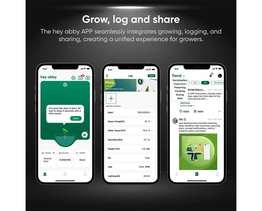 Hey abby grow box app interface on iPhone displaying smart cannabis growing logs, environmental data, and grower community for the 420 Pro hydroponic system