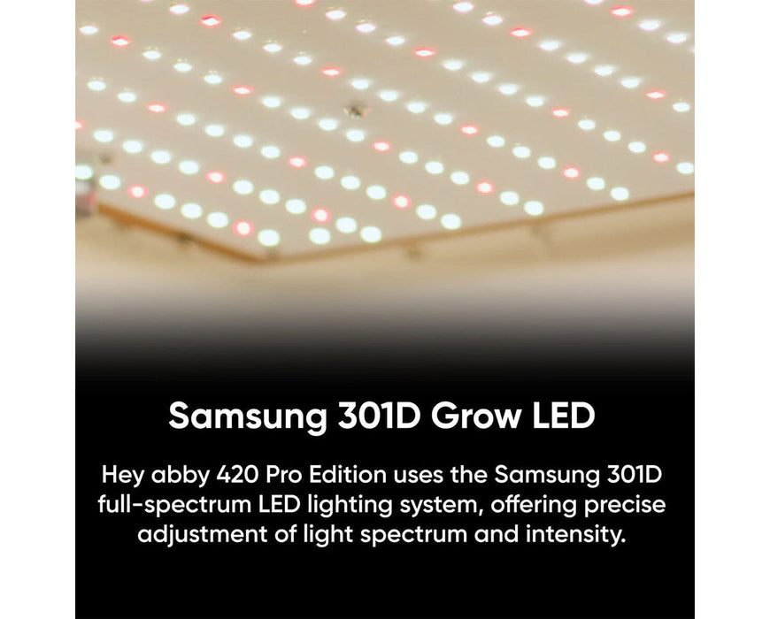 Close-up of Samsung 301D full-spectrum LED grow light panel in Hey abby 420 Pro grow box designed for precise cannabis light intensity and spectrum control