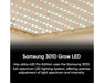 Close-up of Samsung 301D full-spectrum LED grow light panel in Hey abby 420 Pro grow box designed for precise cannabis light intensity and spectrum control