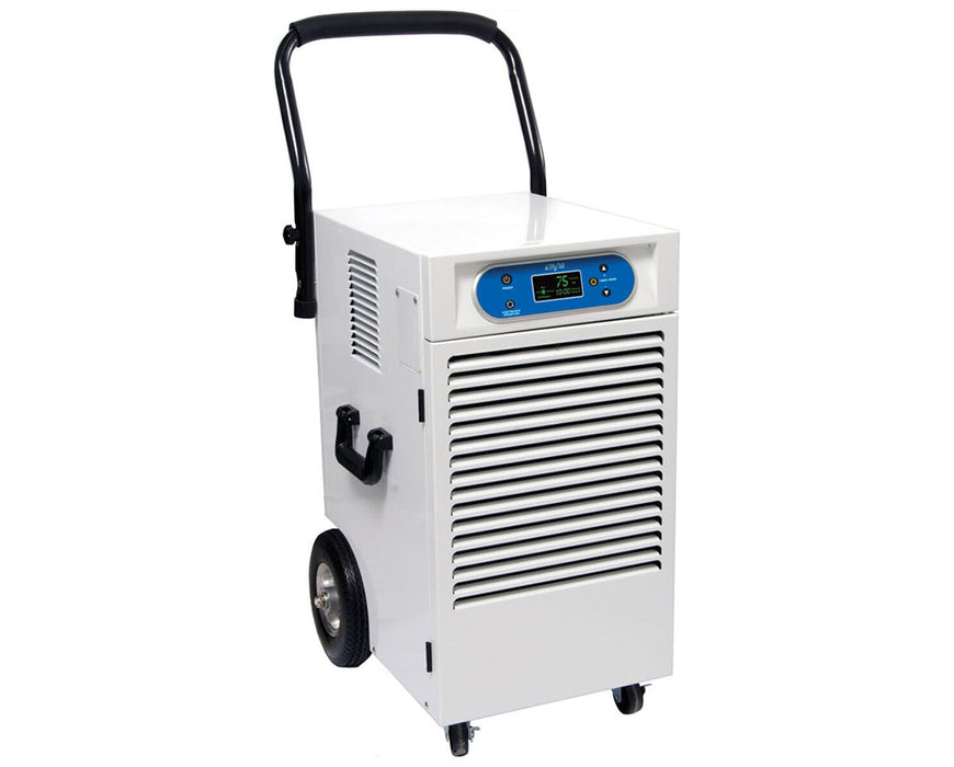 White Hydrofarm Active Air 110-pint dehumidifier with a digital display, handle, and wheels for portability.