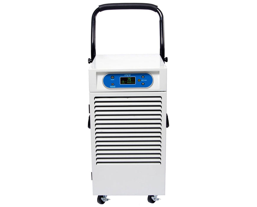 White Hydrofarm Active Air 110-pint dehumidifier with digital controls, a carrying handle, and wheels for easy movement.