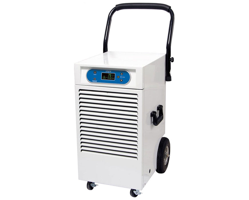 White Hydrofarm Active Air 110-pint dehumidifier with wheels, handle, digital display, and front vents.